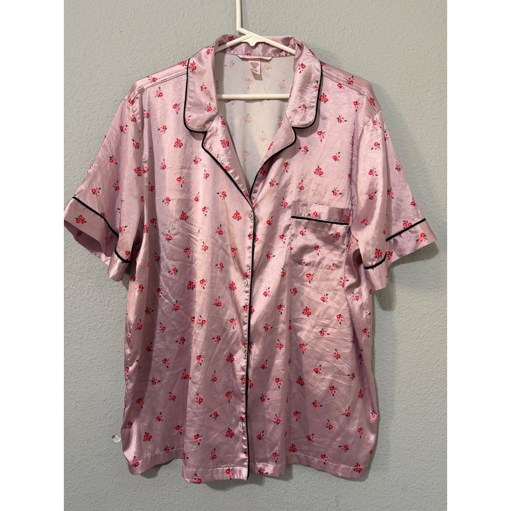 Victorias Secret Pink Floral Satin Pajama Top XL Short Sleeve Button Down